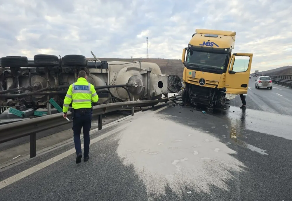 CISTERNĂ RĂSTURNATĂ PE AUTOSTRADA A 10 ÎN ZONA LOCALITĂȚII TURDA