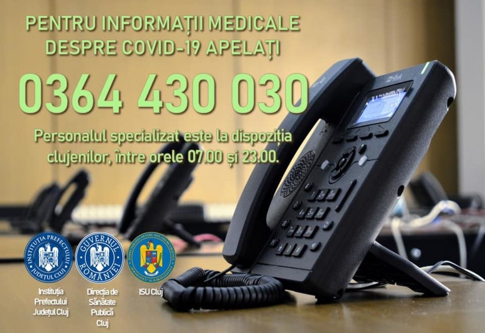 Clujenii pot primi informații despre Covid-19 la numărul de telefon 0364 430 030